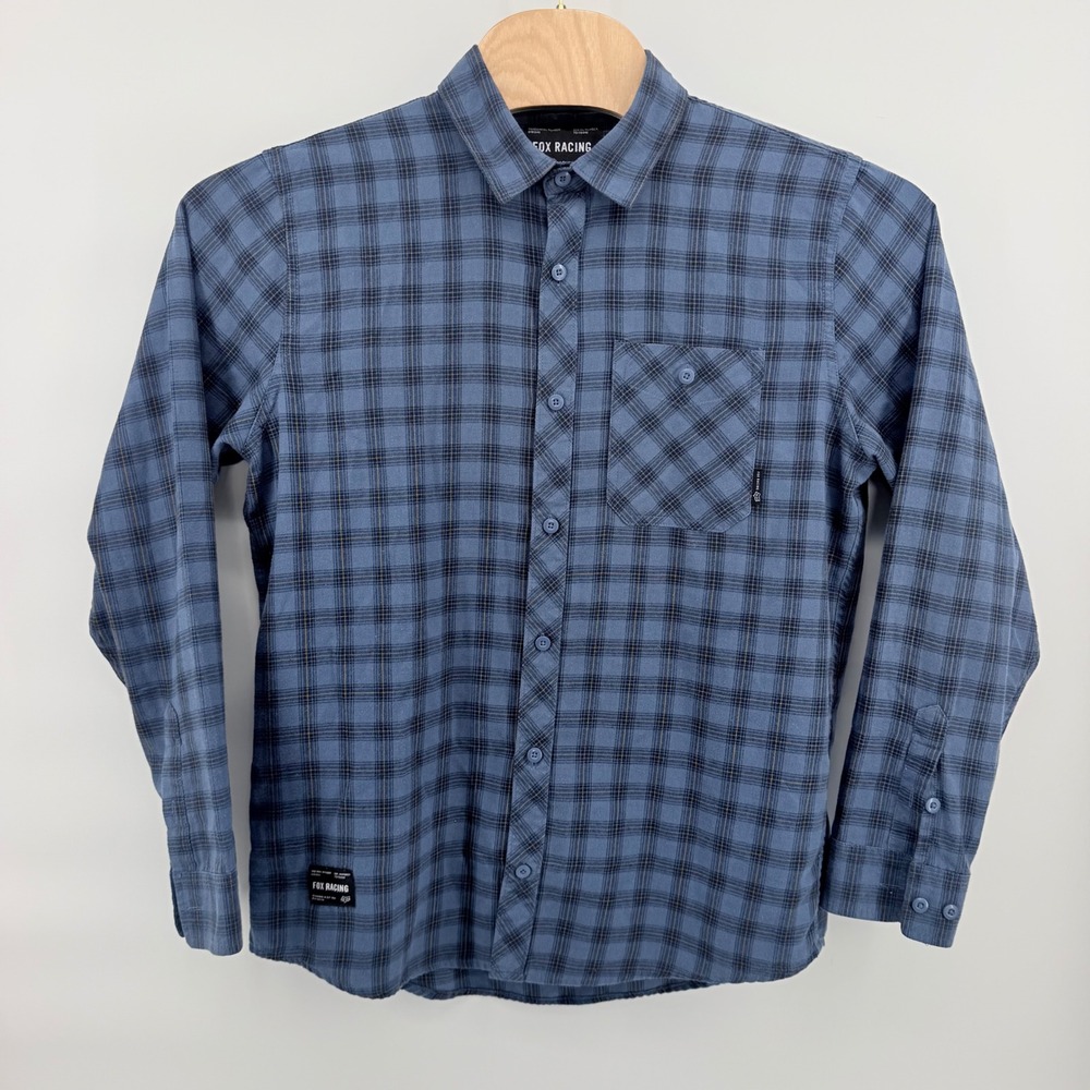 Fox Racing Flannel Shirt Mens Large Blue Plaid Long Sleeve Button Up MX Moto